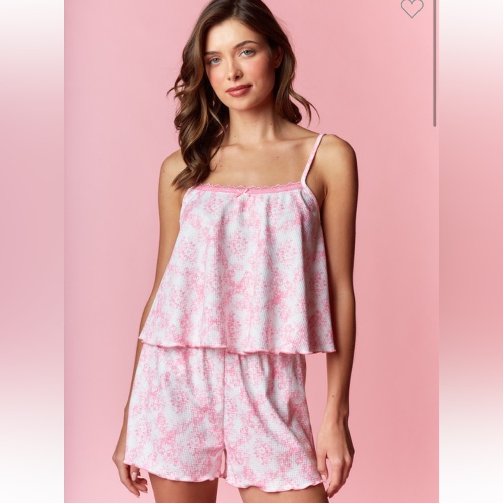548. Floral Toile Waffle Knit Pajama Set Pink